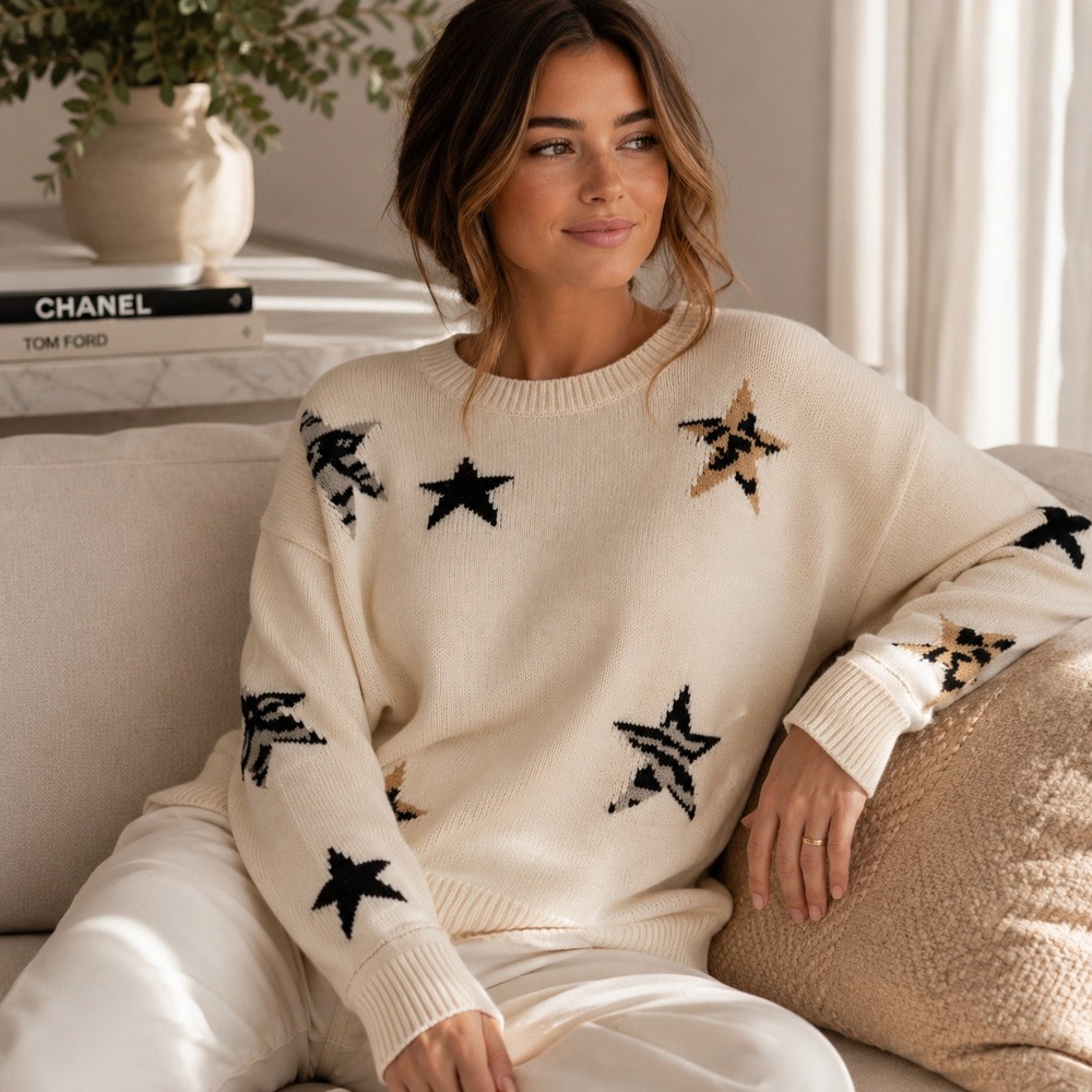 Rails Perci Animal Print Star Sweater‎ Sz XS Cropped Boxy Oversized Cottage Boho